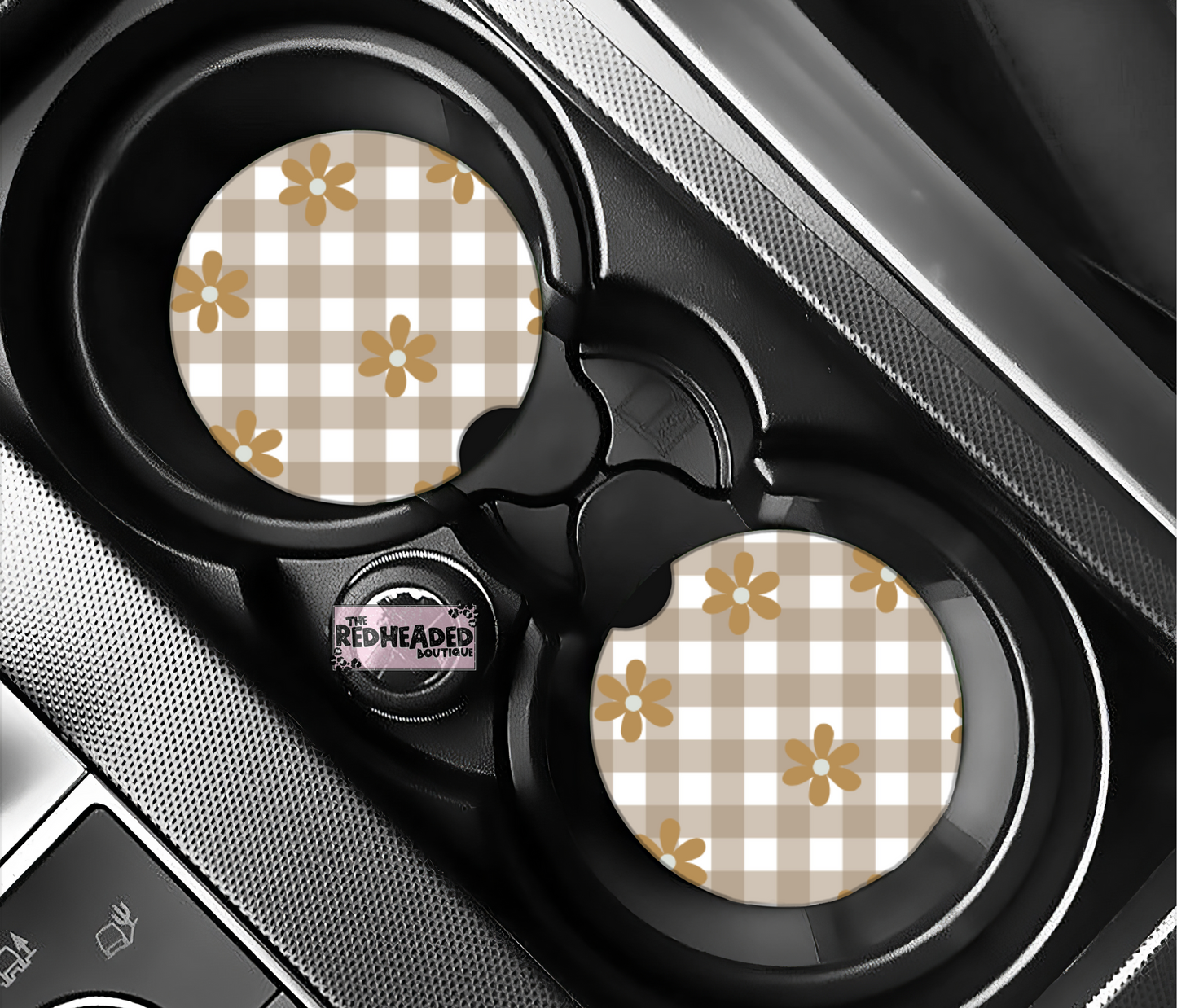 Tan Checkered Daisy Car Coasters