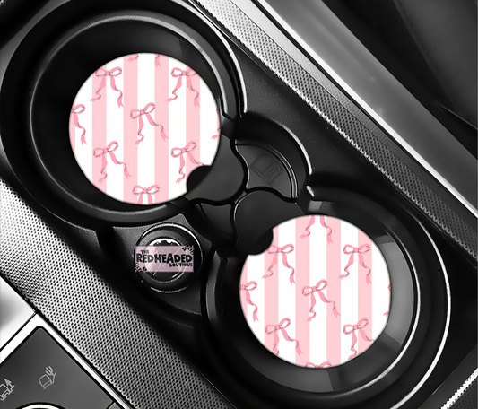 Pink Striped Bow Car Coasters