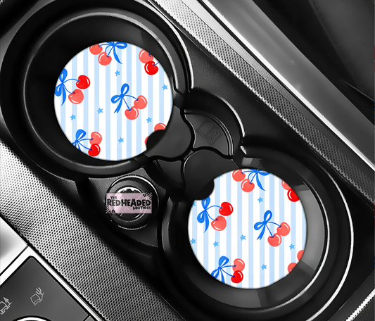 Blue Striped Cherry Car Coasters