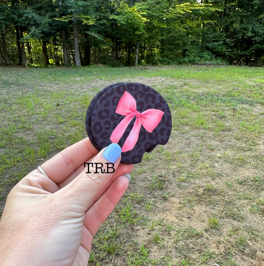 Pink Bow on leopard Car Coasters
