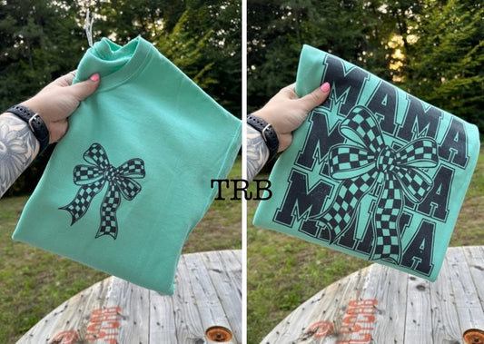 Checkered Bow Stacked Mama Crewneck