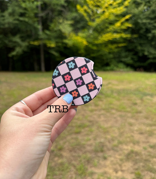 Retro Flower Checkered Car Coasters